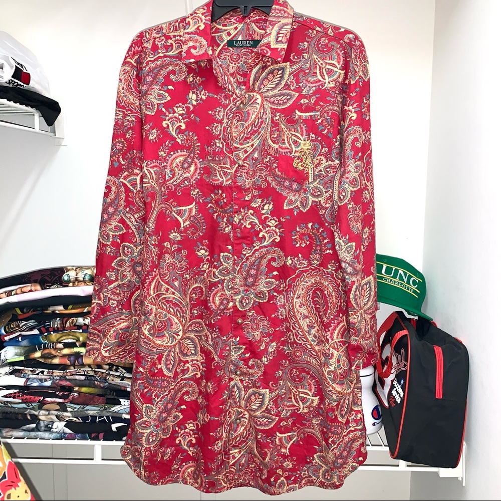 Ralph Lauren Paisley Button Up Long Shirt Tunic Floral Red Gold Womens Dress S